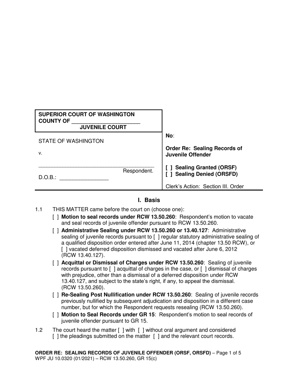 Form WPF JU10.0320 Order Re: Sealing Records of Juvenile Offender (Orsf, Orsfd) - Washington, Page 1
