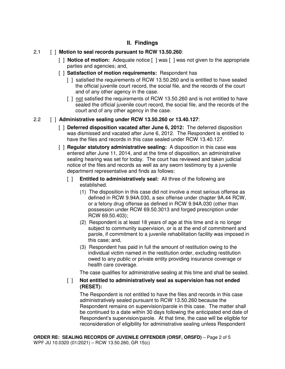 Form WPF JU10.0320 Order Re: Sealing Records of Juvenile Offender (Orsf, Orsfd) - Washington, Page 2