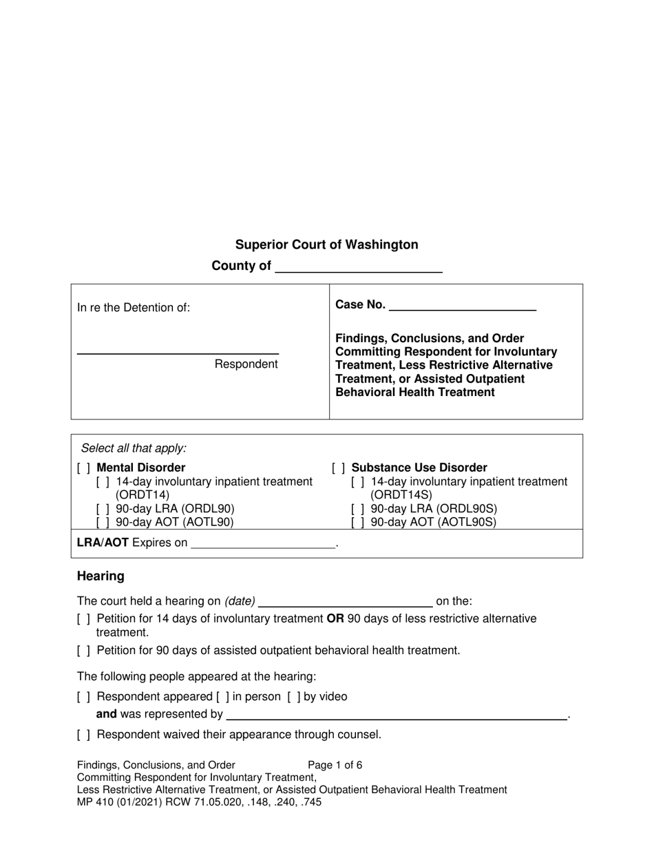 Form MP410 Findings, Conclusions, and Order Committing Respondent for Involuntary Treatment or Less Restrictive Alternative Treatment, or Assisted Outpatient Behavioral Health Treatment (14-day, 90-day LRA, 90-day Aot) - Washington, Page 1