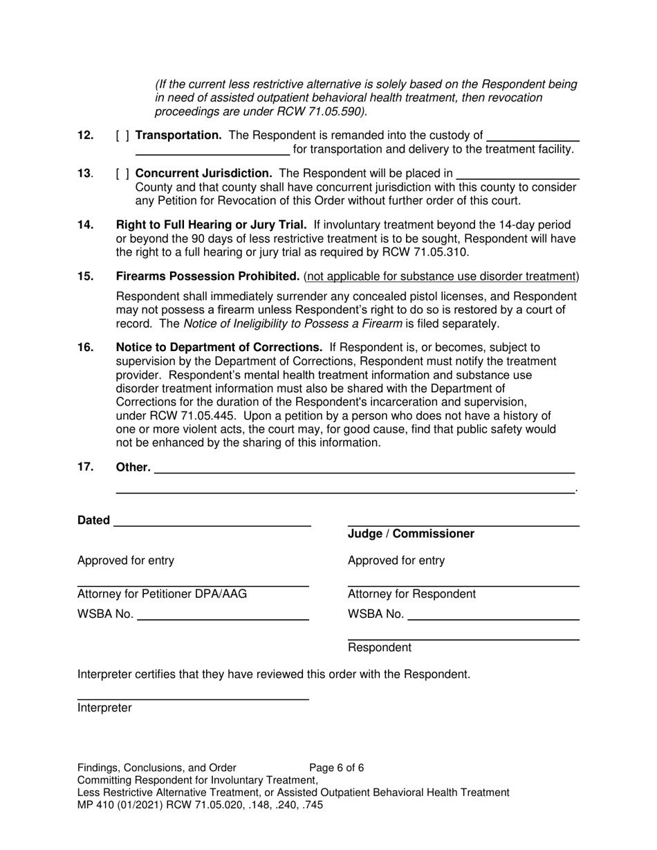 Form MP410 Findings, Conclusions, and Order Committing Respondent for Involuntary Treatment or Less Restrictive Alternative Treatment, or Assisted Outpatient Behavioral Health Treatment (14-day, 90-day LRA, 90-day Aot) - Washington, Page 6
