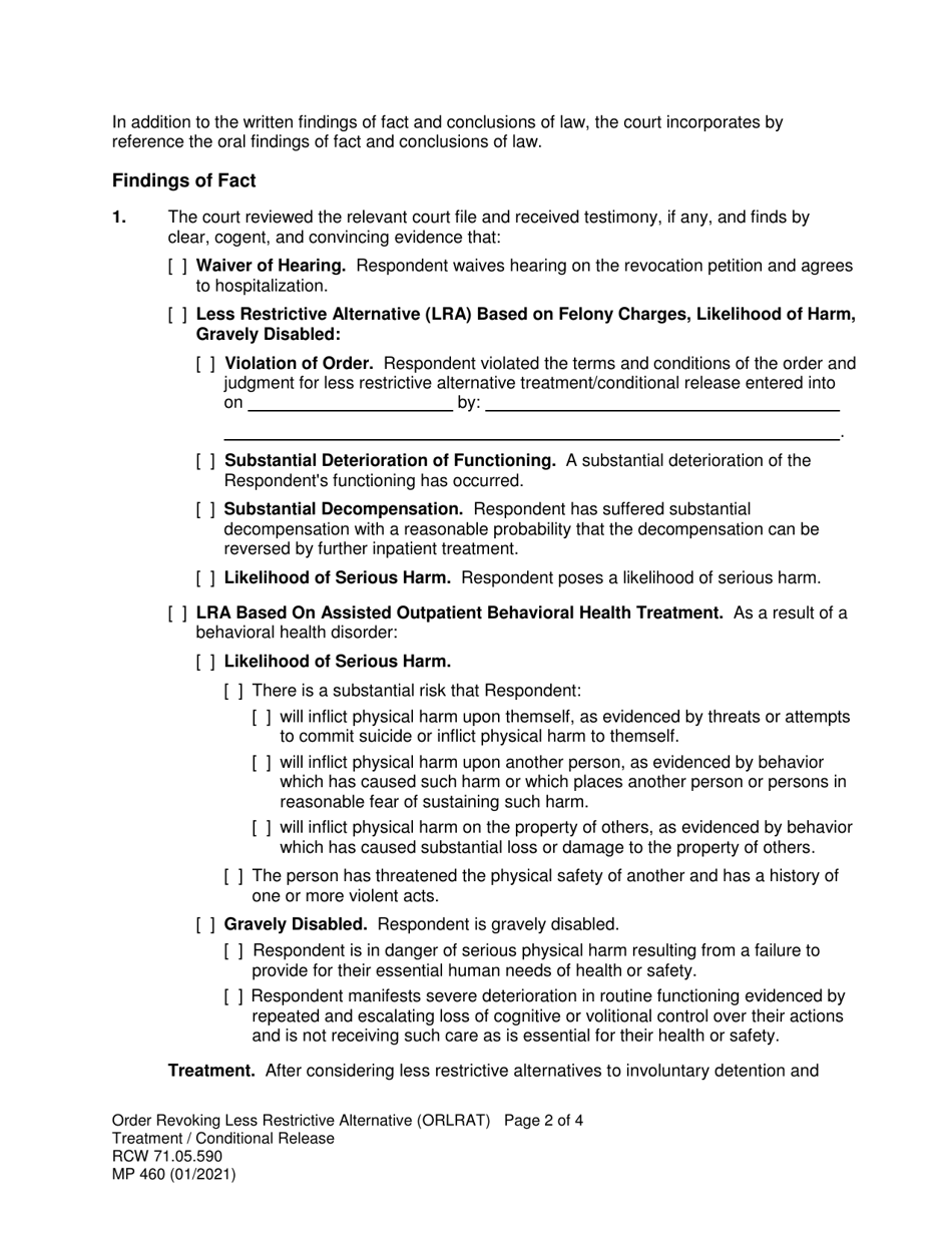 Form MP460 Order Revoking Less Restrictive Alternative Treatment / Conditional Release (Orlrat) - Washington, Page 2