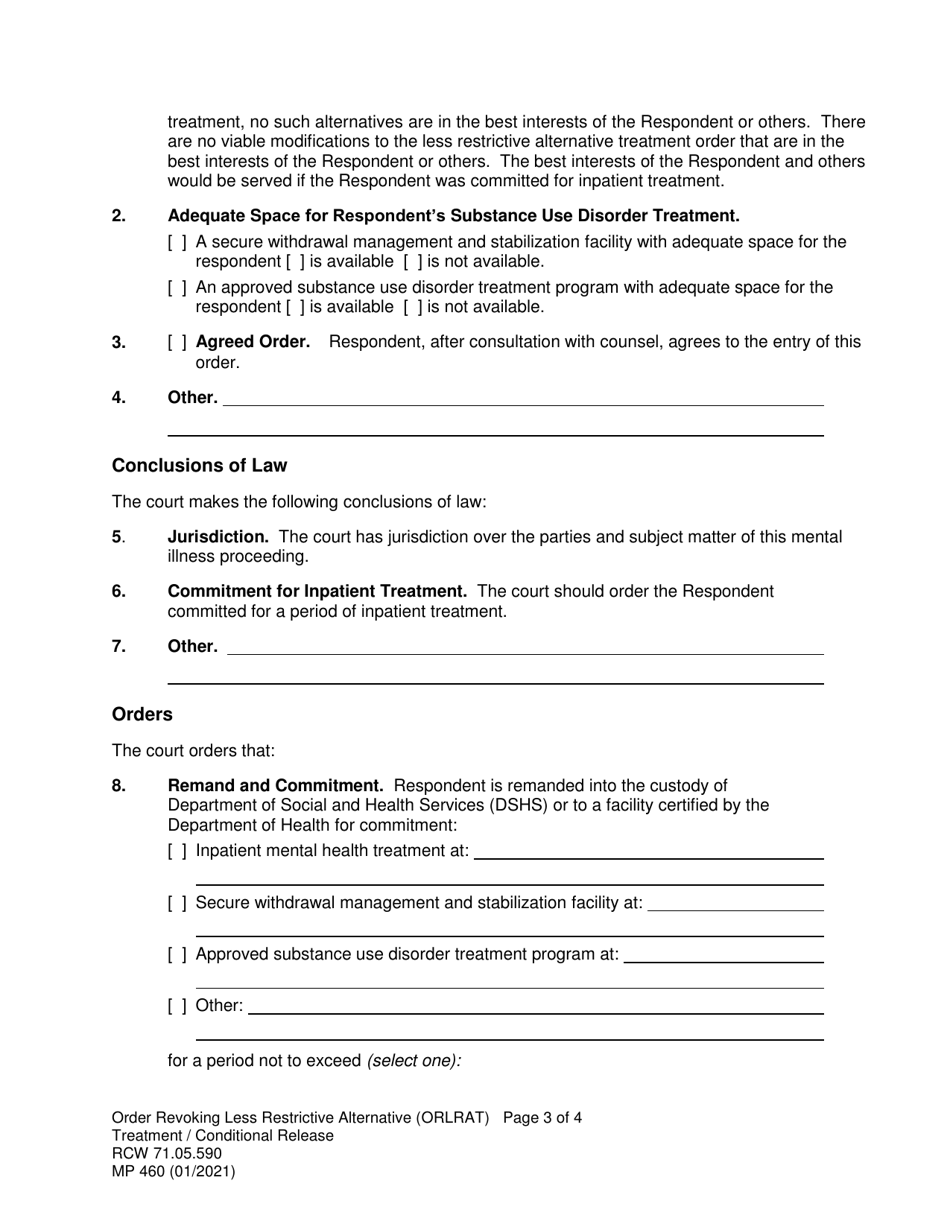 Form MP460 Order Revoking Less Restrictive Alternative Treatment / Conditional Release (Orlrat) - Washington, Page 3