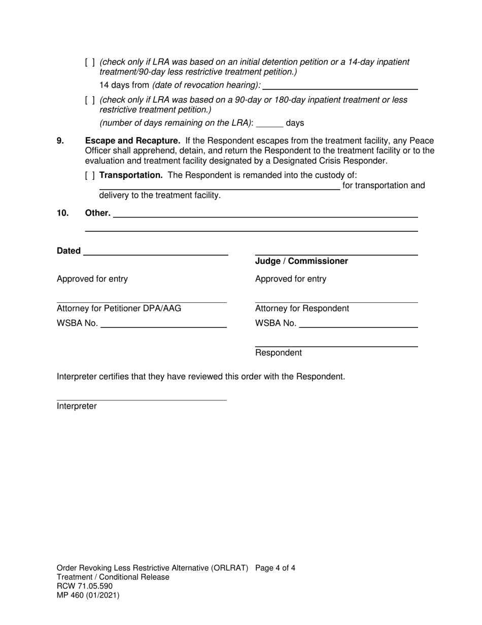 Form MP460 Order Revoking Less Restrictive Alternative Treatment / Conditional Release (Orlrat) - Washington, Page 4