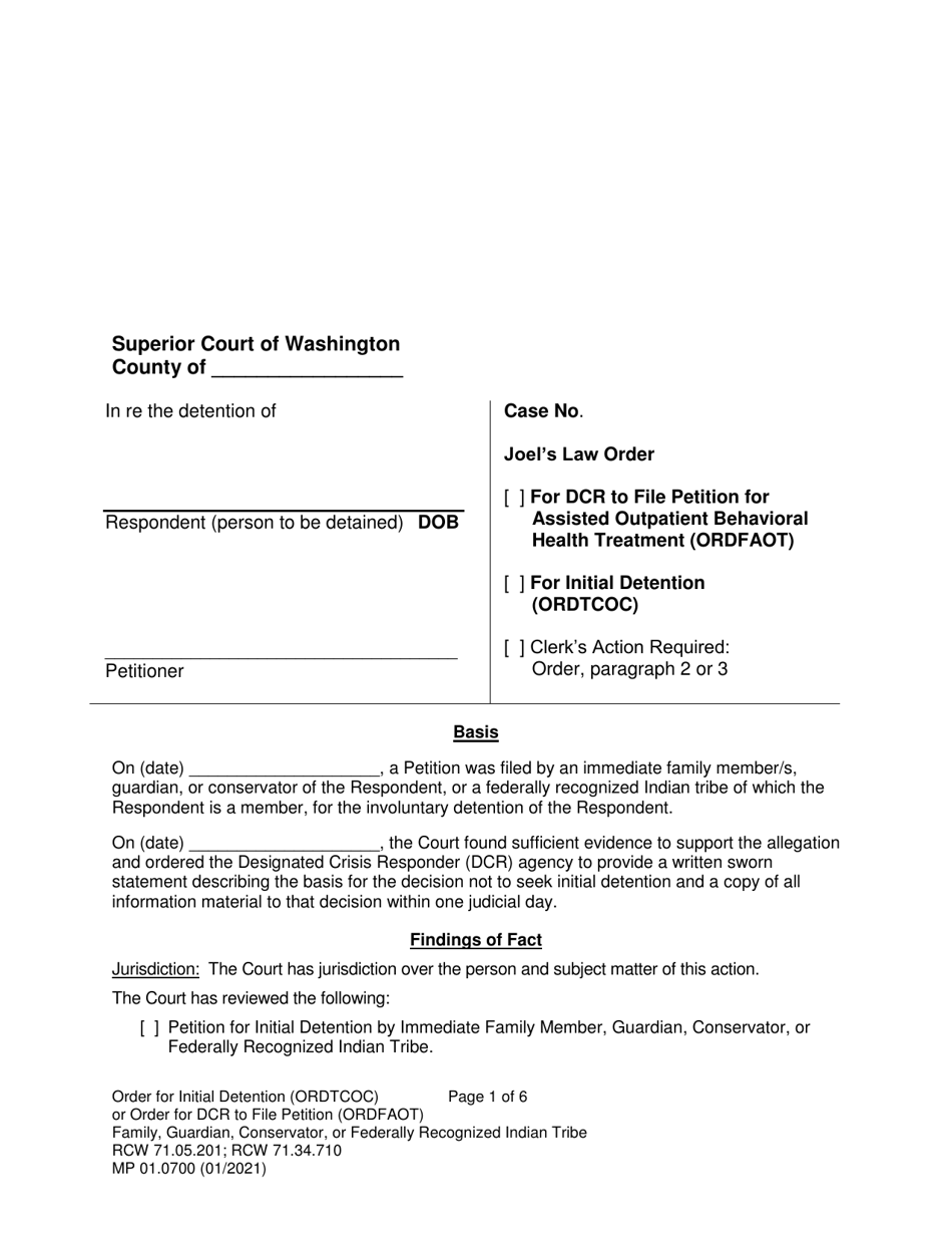 Form MP01.0700 Joels Law Order for Initial Detention - Washington, Page 1