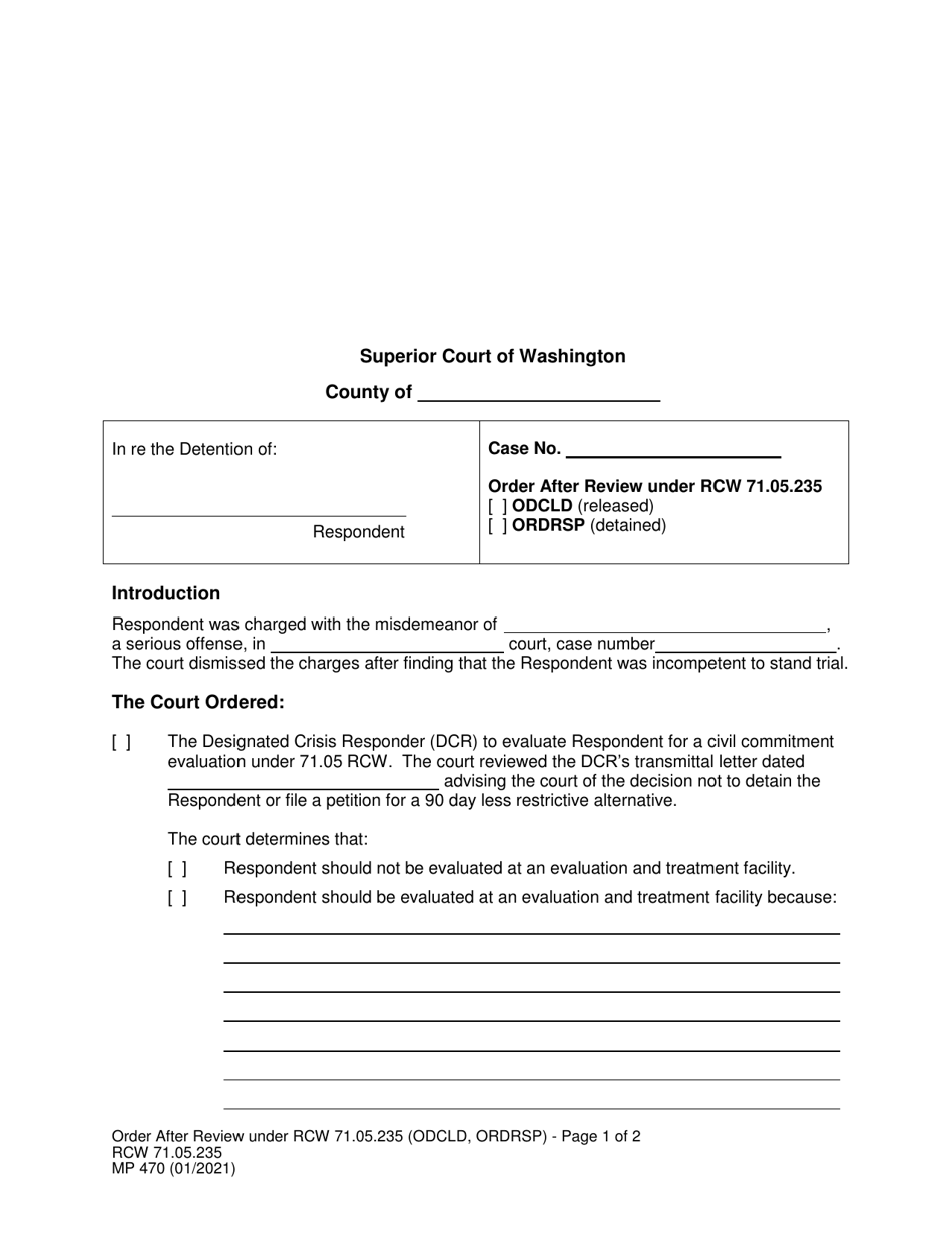Form MP470 Order After Review Under Rcw 71.05.235 - Washington, Page 1