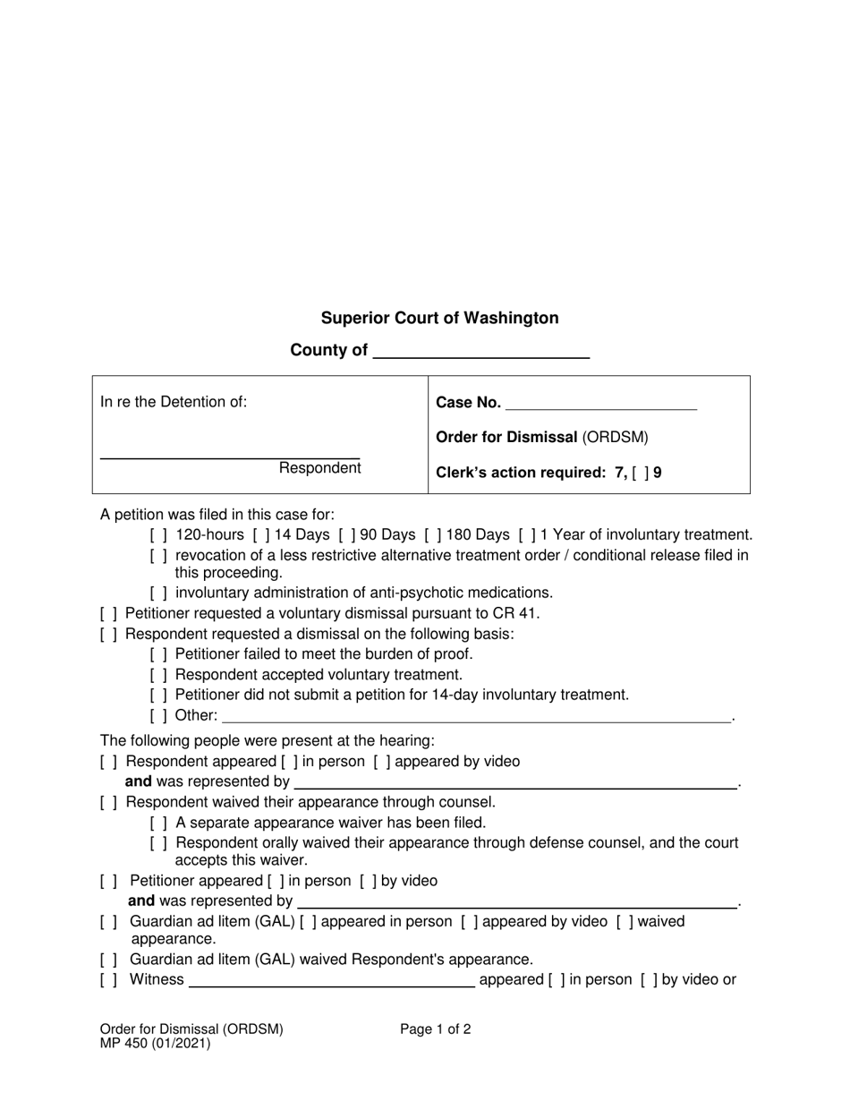 Form MP450 Order for Dismissal (Ordsm) - Washington, Page 1