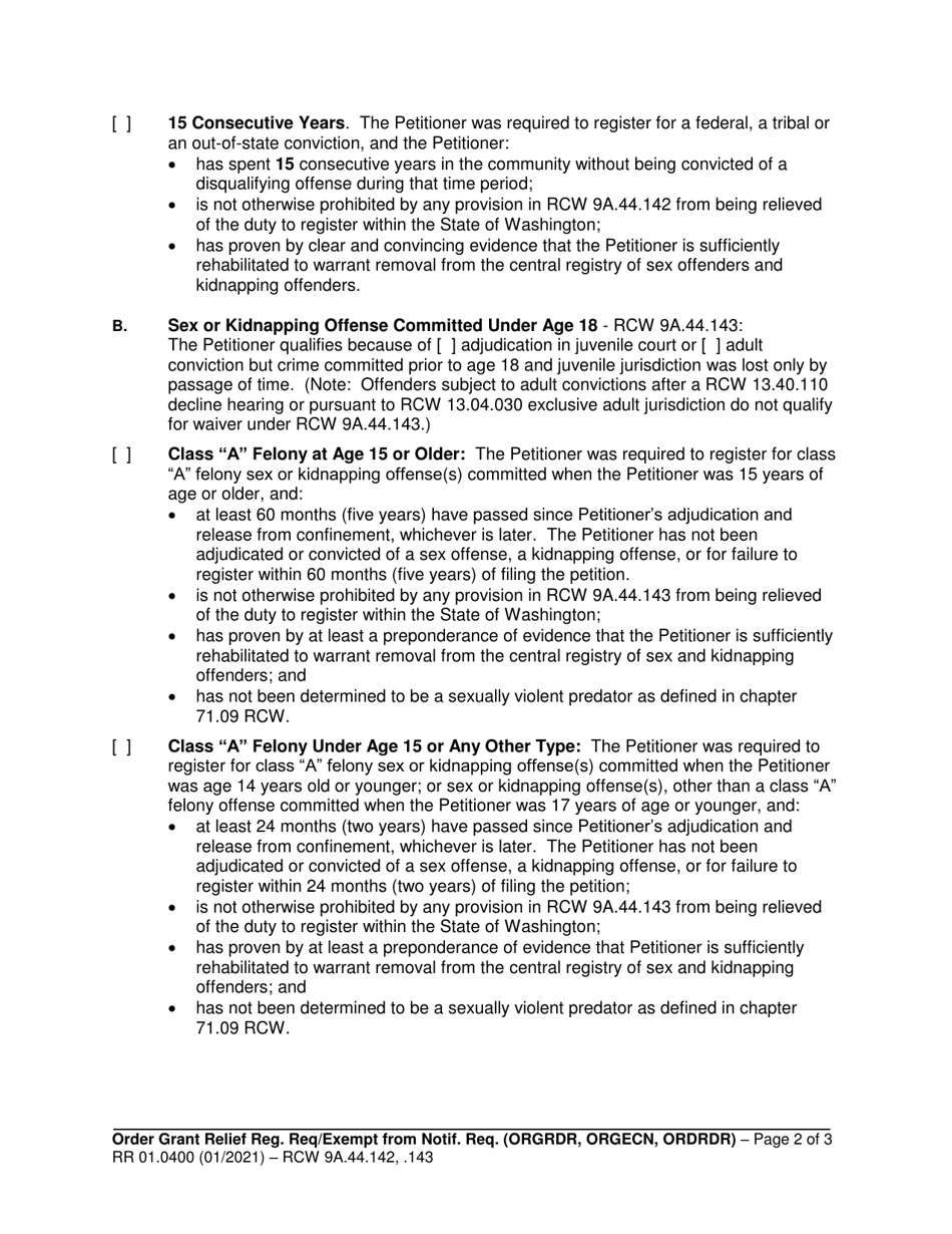 Form RR01.0400 Order Granting Relief From Duty to Register / Exemption From Community Notification / Order Denying Petition - Washington, Page 2