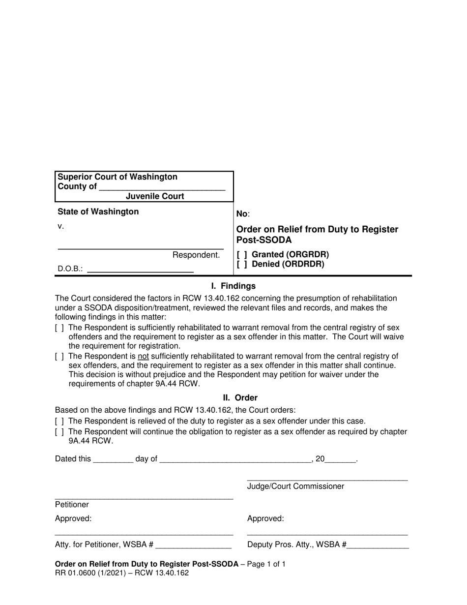 Form RR01.0600 Order on Relief From Duty to Register Post-ssoda - Washington, Page 1