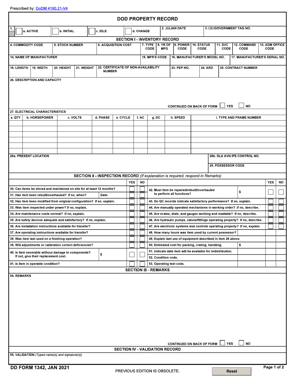 DD Form 1342 DoD Property Record, Page 1
