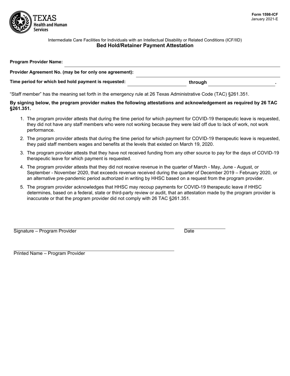 Form 1598-ICF Bed Hold / Retainer Payment Attestation - Texas, Page 1