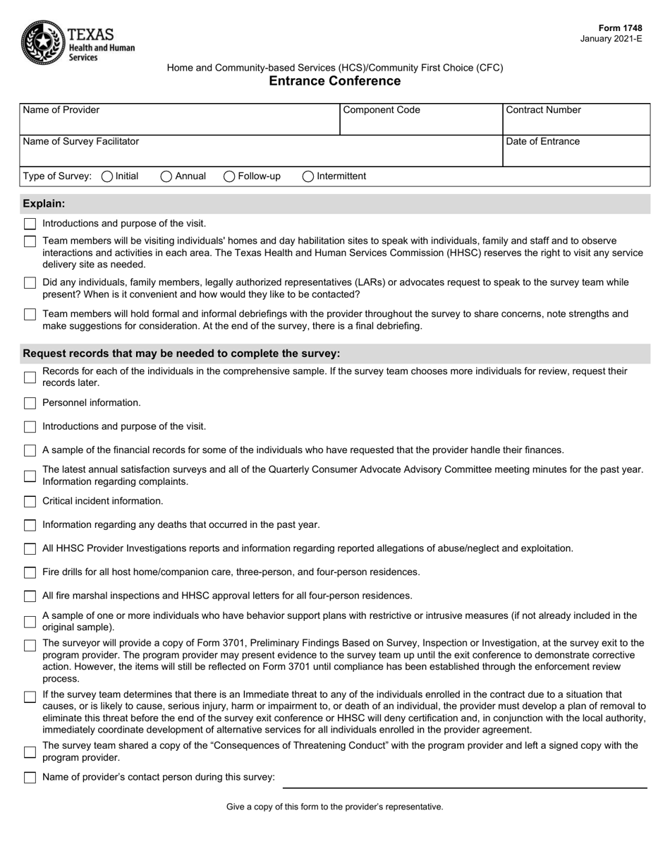 Form 1748 Home and Community-Based Services (Hcs) / Community First Choice (Cfc) Entrance Conference - Texas, Page 1