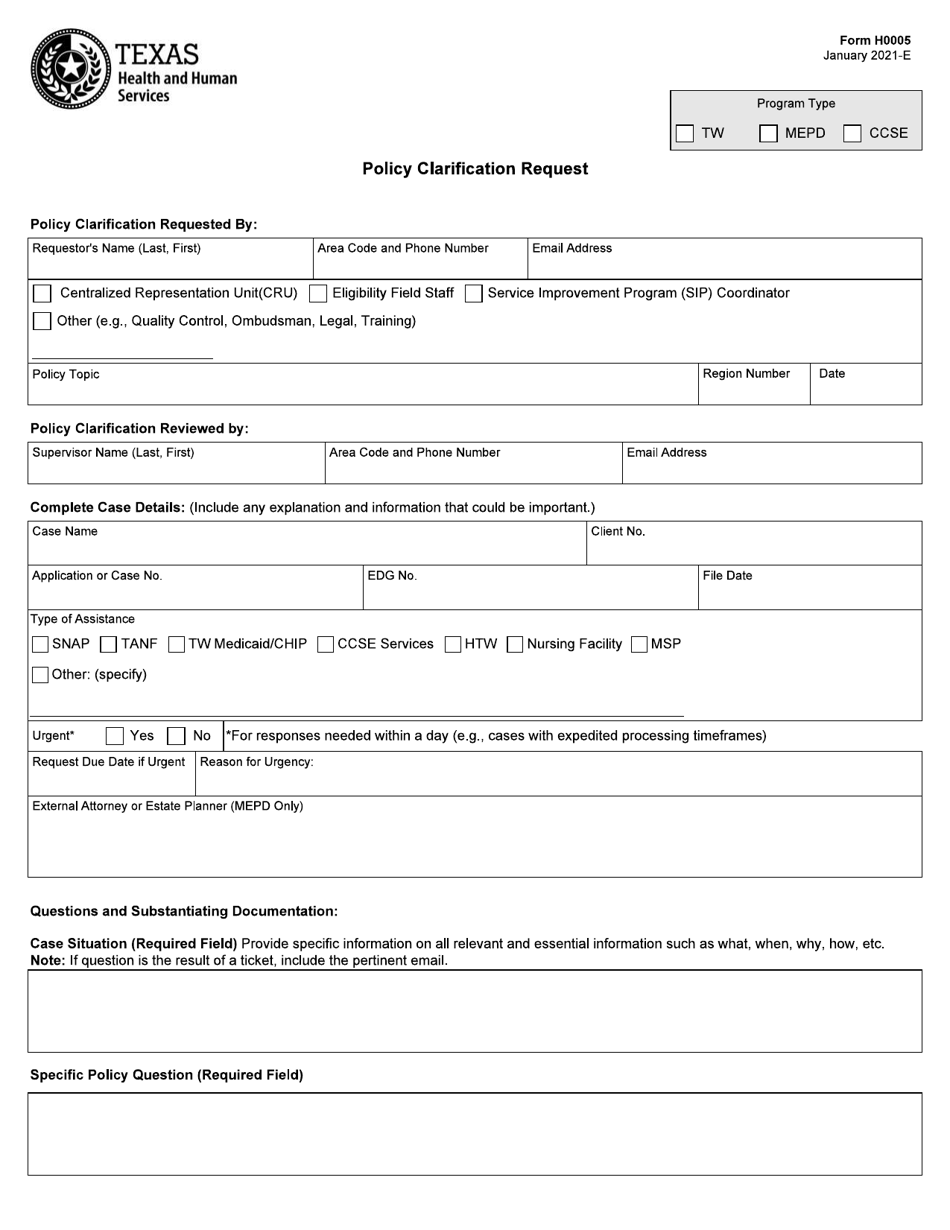 Form H0005 Policy Clarification Request - Texas, Page 1