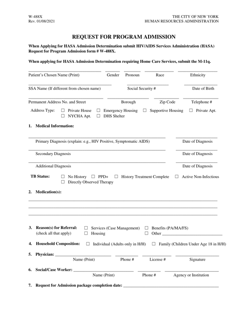 Form W-488X Request for Program Admission - New York City