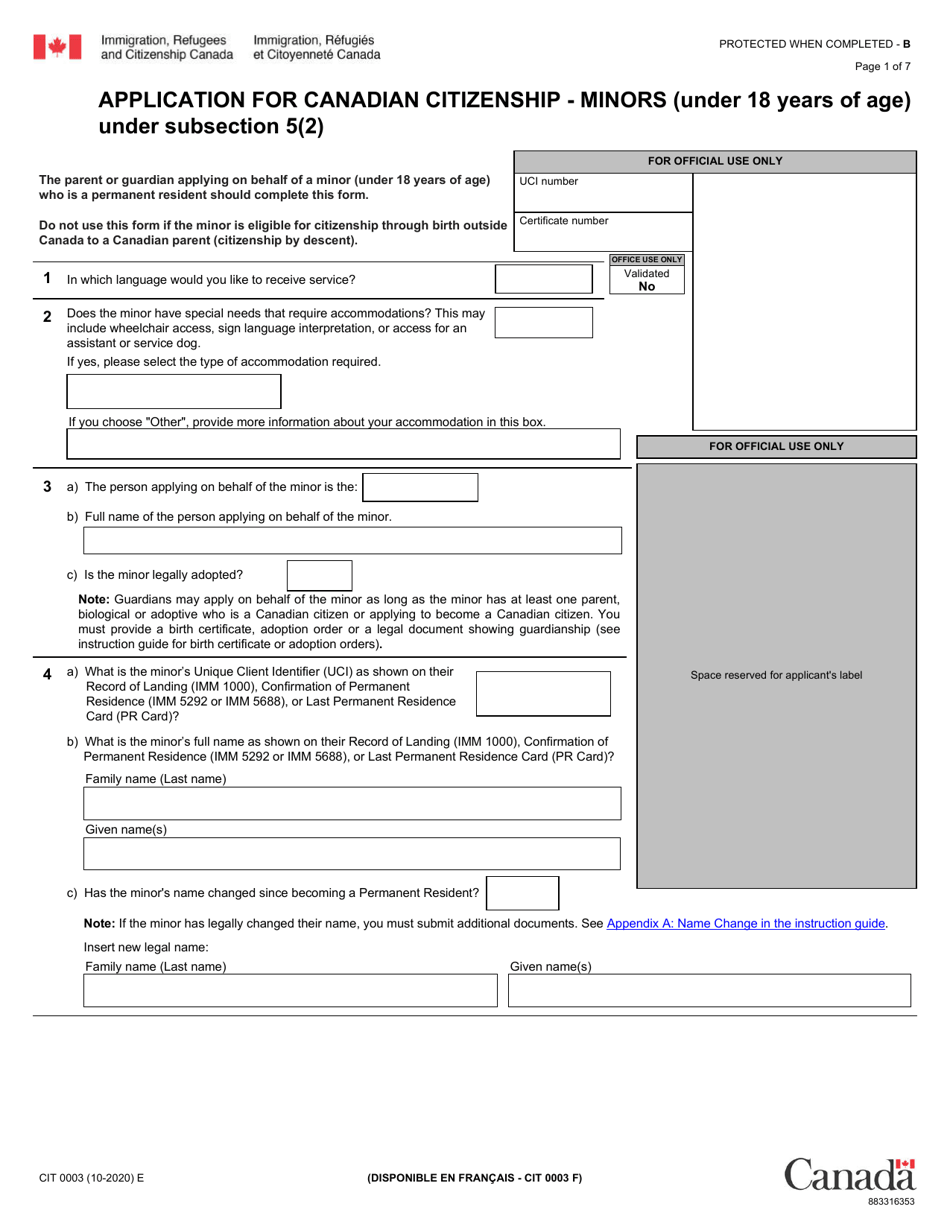 Form CIT0003 Application for Canadian Citizenship - Minors (Under 18 Years of Age) Under Subsection 5(2) - Canada, Page 1