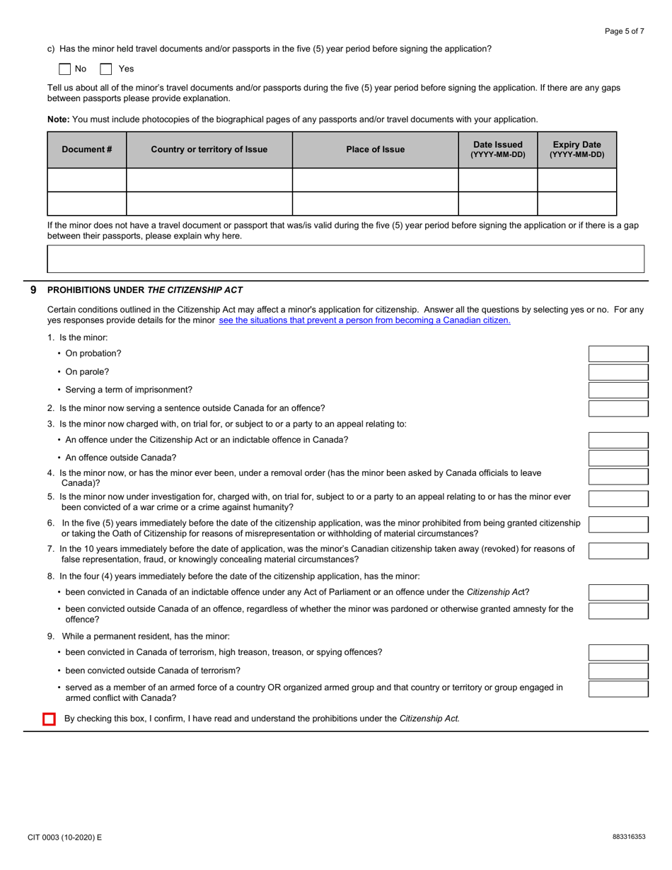 Form CIT0003 Application for Canadian Citizenship - Minors (Under 18 Years of Age) Under Subsection 5(2) - Canada, Page 5