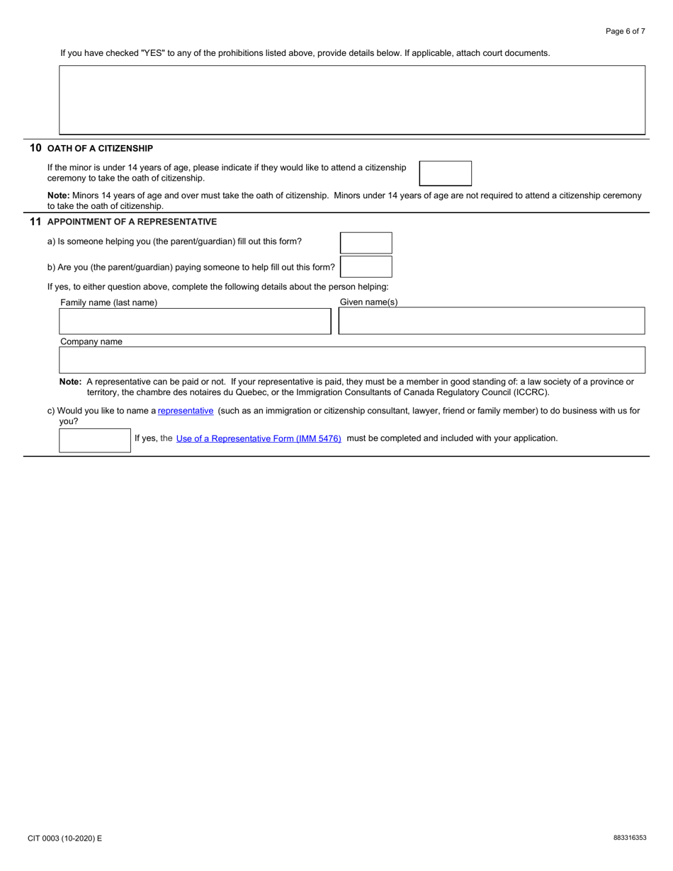 Form CIT0003 Application for Canadian Citizenship - Minors (Under 18 Years of Age) Under Subsection 5(2) - Canada, Page 6