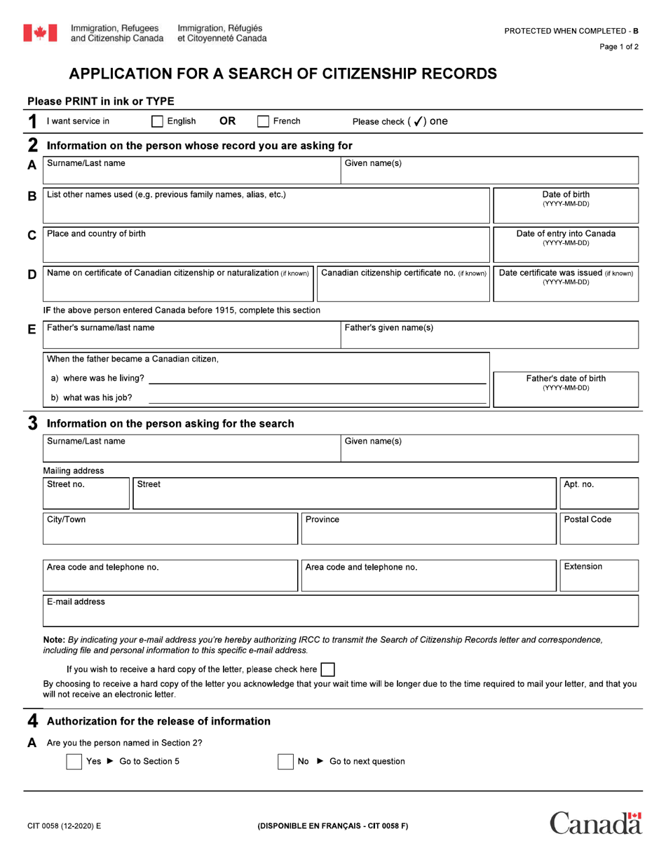 Form CIT0058 Application for a Search of Citizenship Records - Canada, Page 1