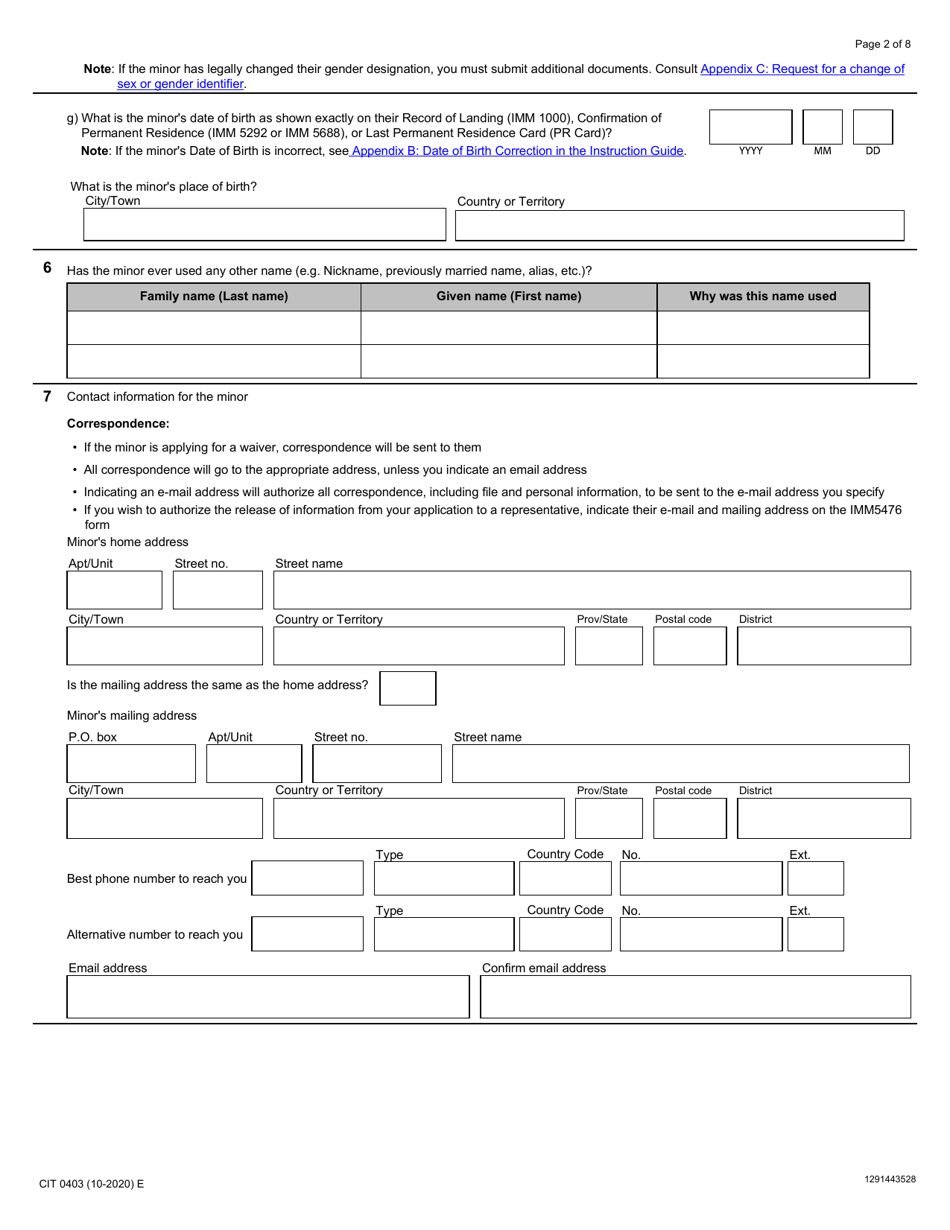 Form CIT0403 Application for Canadian Citizenship - Minors (Under 18 Years of Age) Applying Under Subsection 5(1) - Canada, Page 2