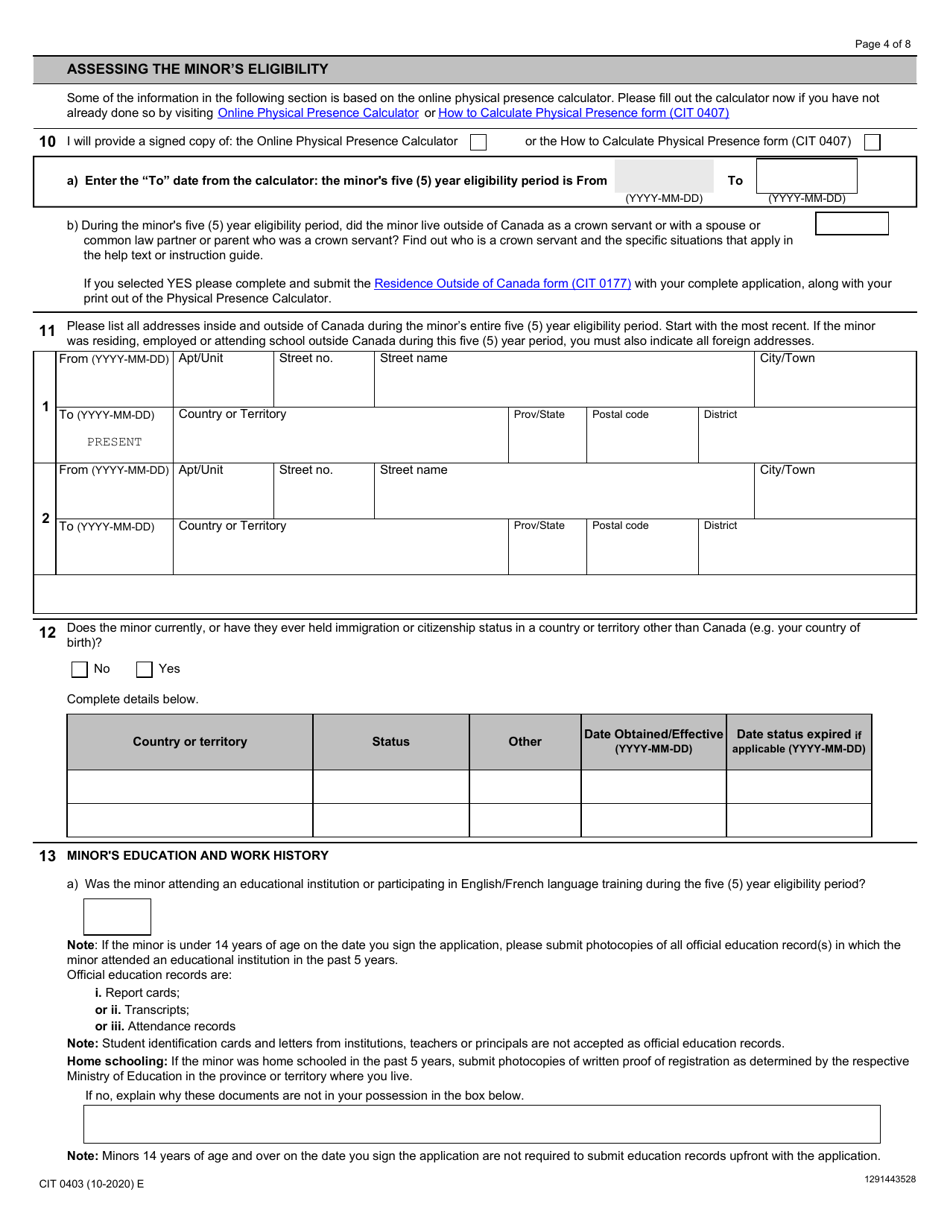 Form CIT0403 Application for Canadian Citizenship - Minors (Under 18 Years of Age) Applying Under Subsection 5(1) - Canada, Page 4
