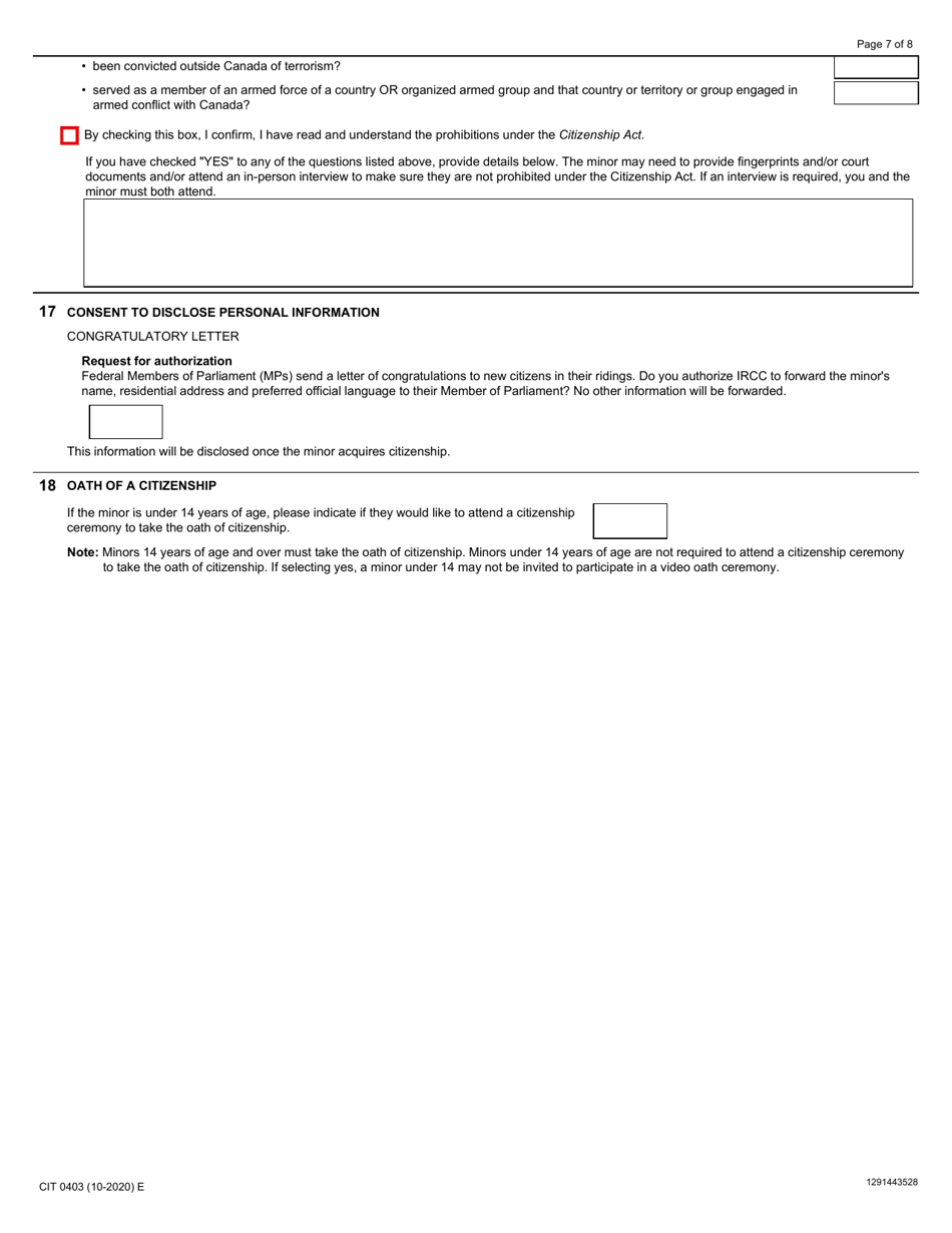 Form CIT0403 Application for Canadian Citizenship - Minors (Under 18 Years of Age) Applying Under Subsection 5(1) - Canada, Page 7
