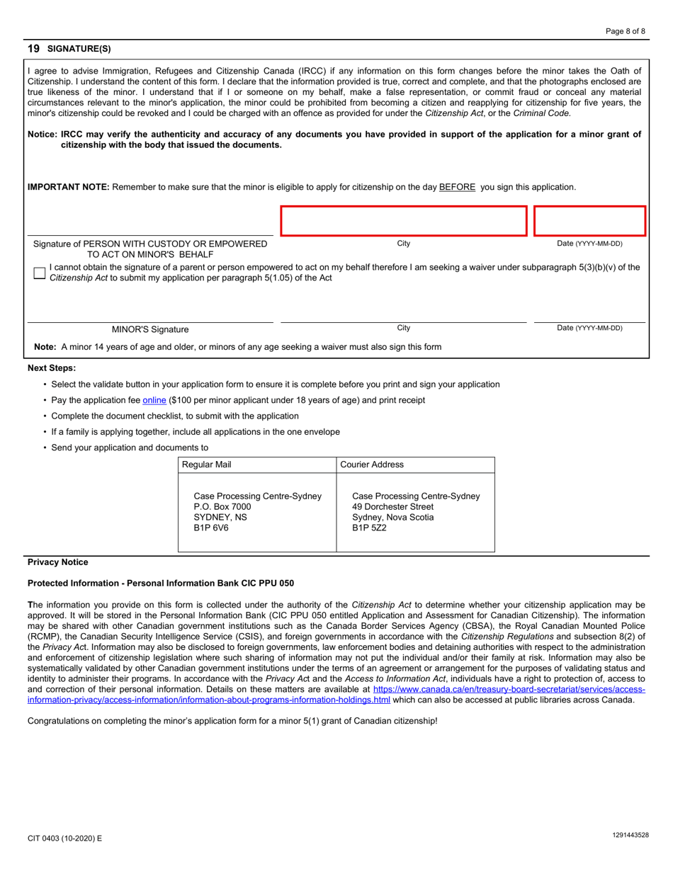 Form CIT0403 Application for Canadian Citizenship - Minors (Under 18 Years of Age) Applying Under Subsection 5(1) - Canada, Page 8