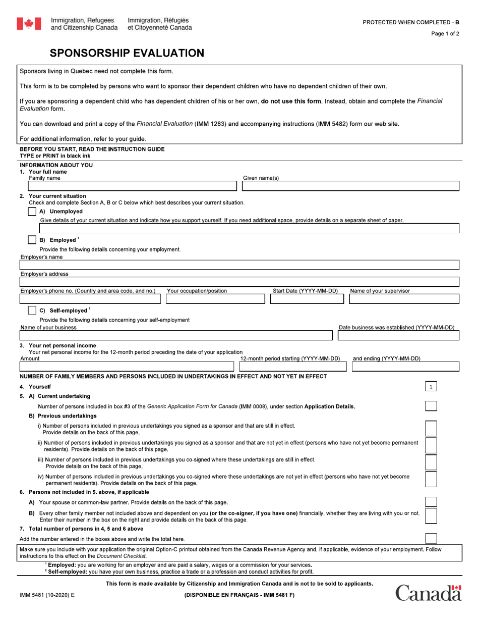 Form IMM5481 Sponsorship Evaluation - Canada, Page 1