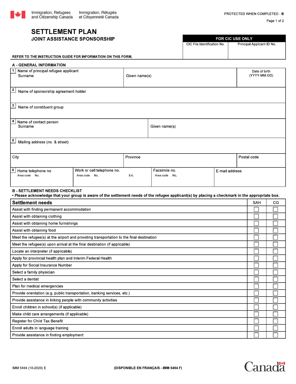 Form IMM5494 Settlement Plan - Joint Assistance Sponsorship - Canada, Page 1