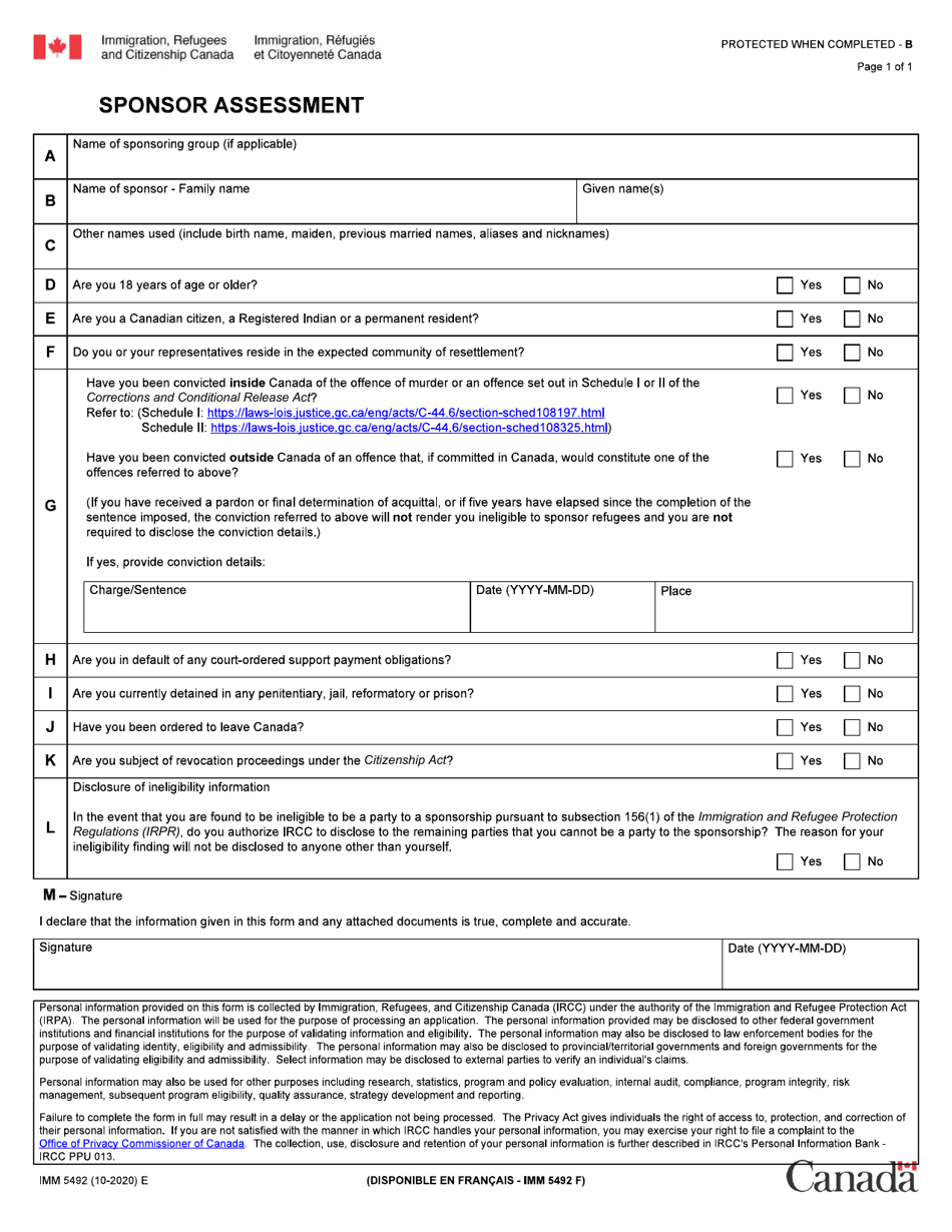 Form IMM5492 Sponsor Assessment - Canada, Page 1