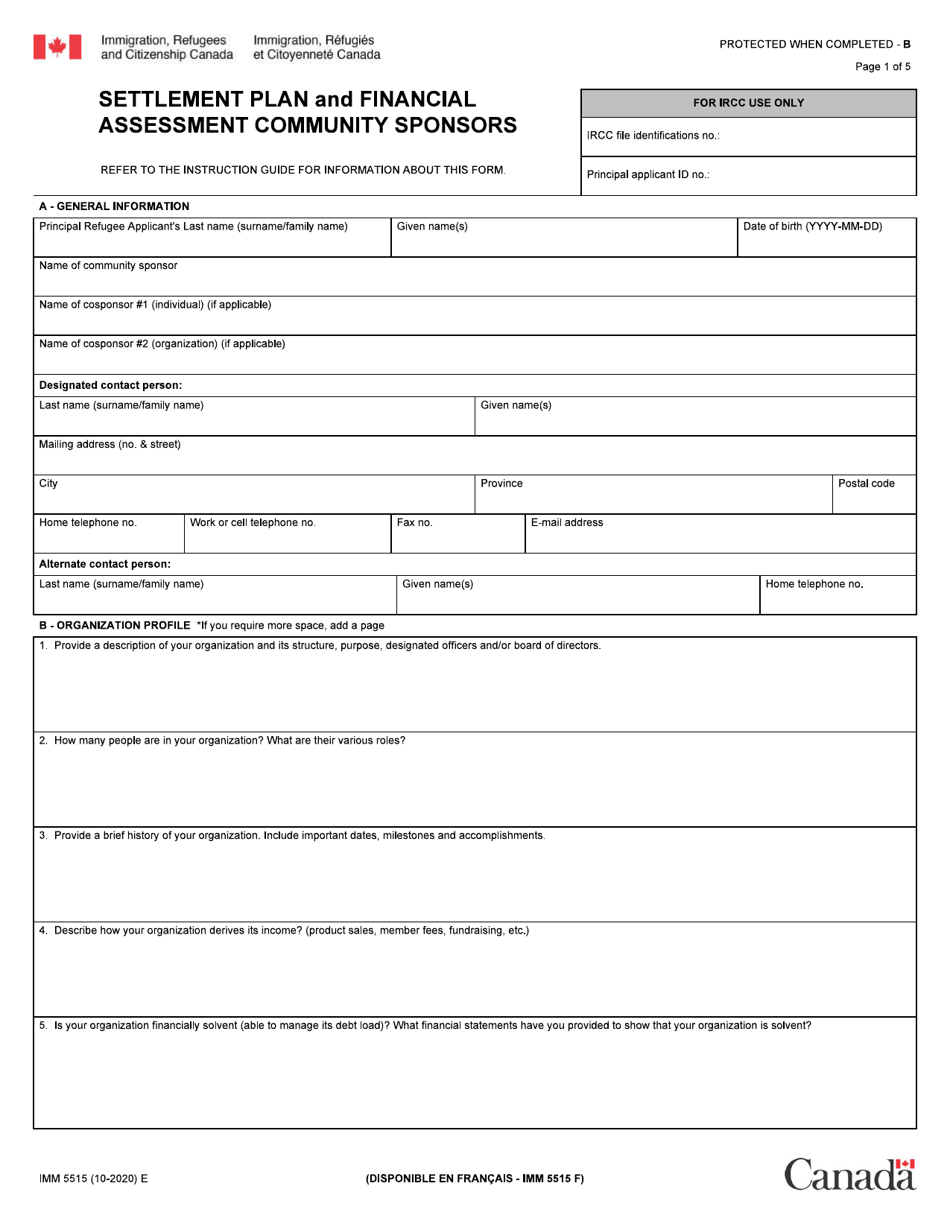 Form IMM5515 Settlement Plan and Financial Assessment Community Sponsors - Canada, Page 1