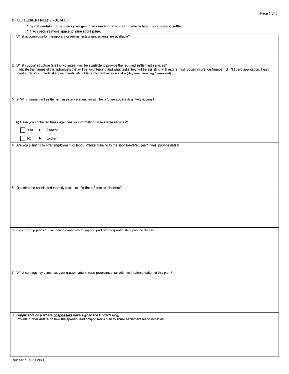 Form IMM5515 Settlement Plan and Financial Assessment Community Sponsors - Canada, Page 3