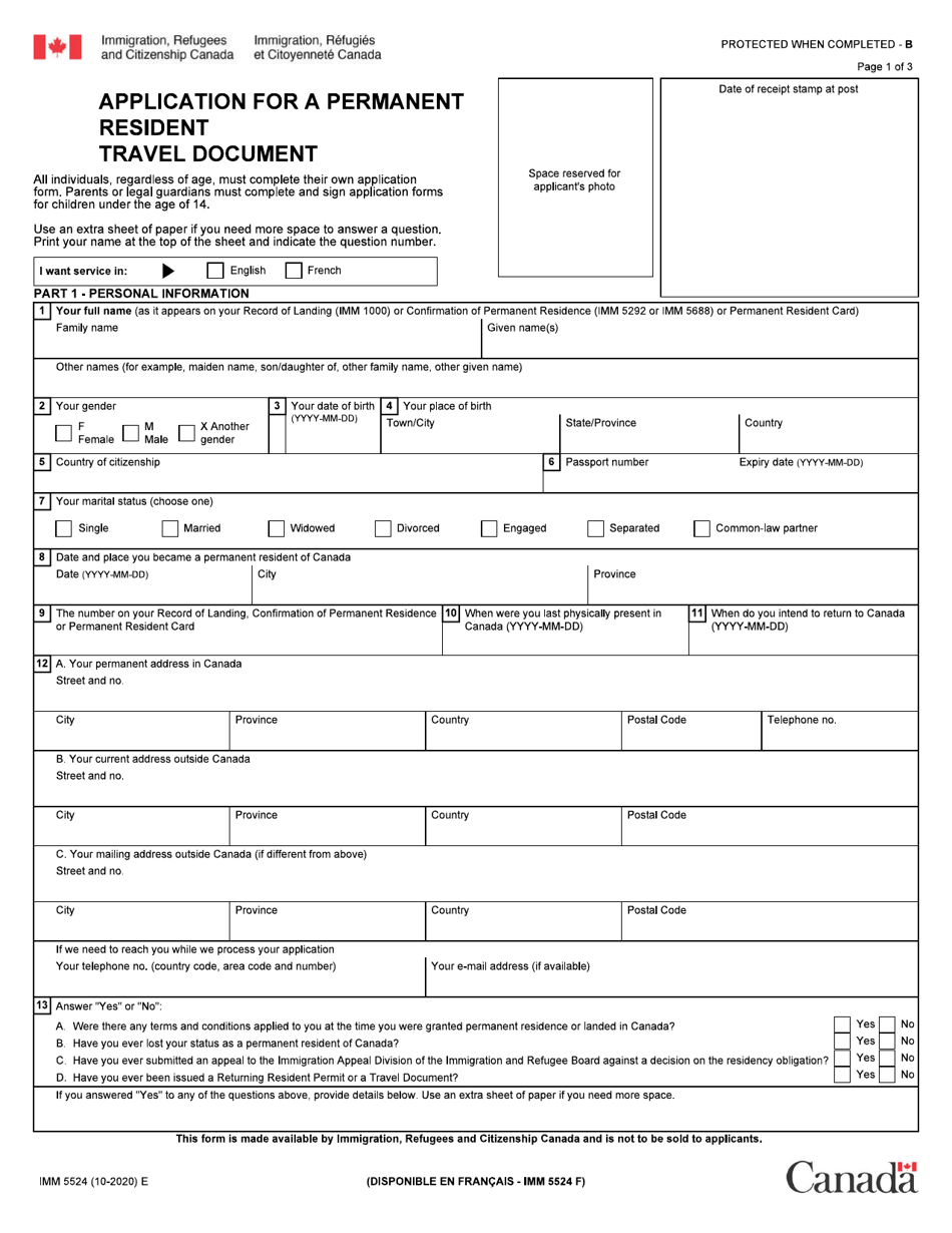 Form IMM5524 Application for a Permanent Resident Travel Document - Canada, Page 1