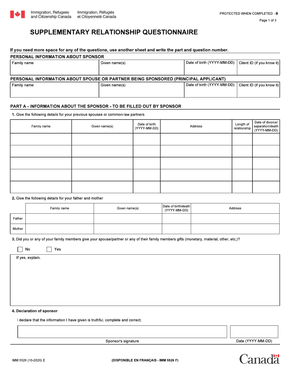 Form IMM5526 Supplementary Relationship Questionnaire - Canada, Page 1