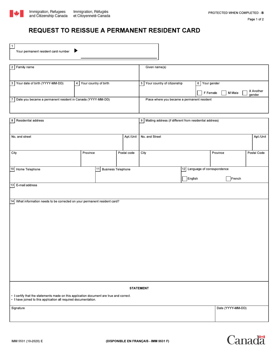 Form IMM5531 Request to Reissue a Permanent Resident Card - Canada, Page 1