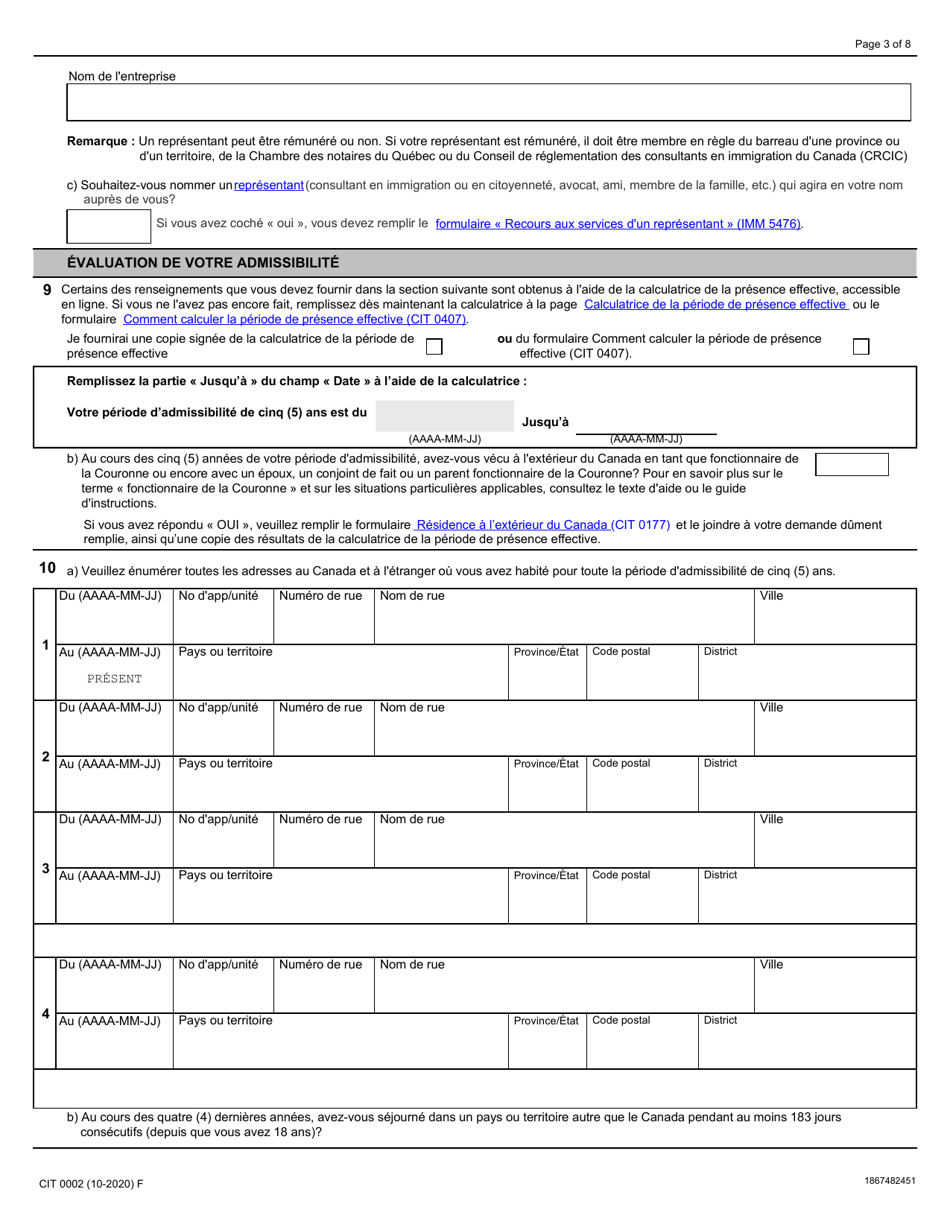 Forme CIT0002 Demande De Citoyennete Canadienne Pour Adultes (18 Ans Et Plus) Demande En Vertu Du Paragraphe 5(1) - Canada (French), Page 3