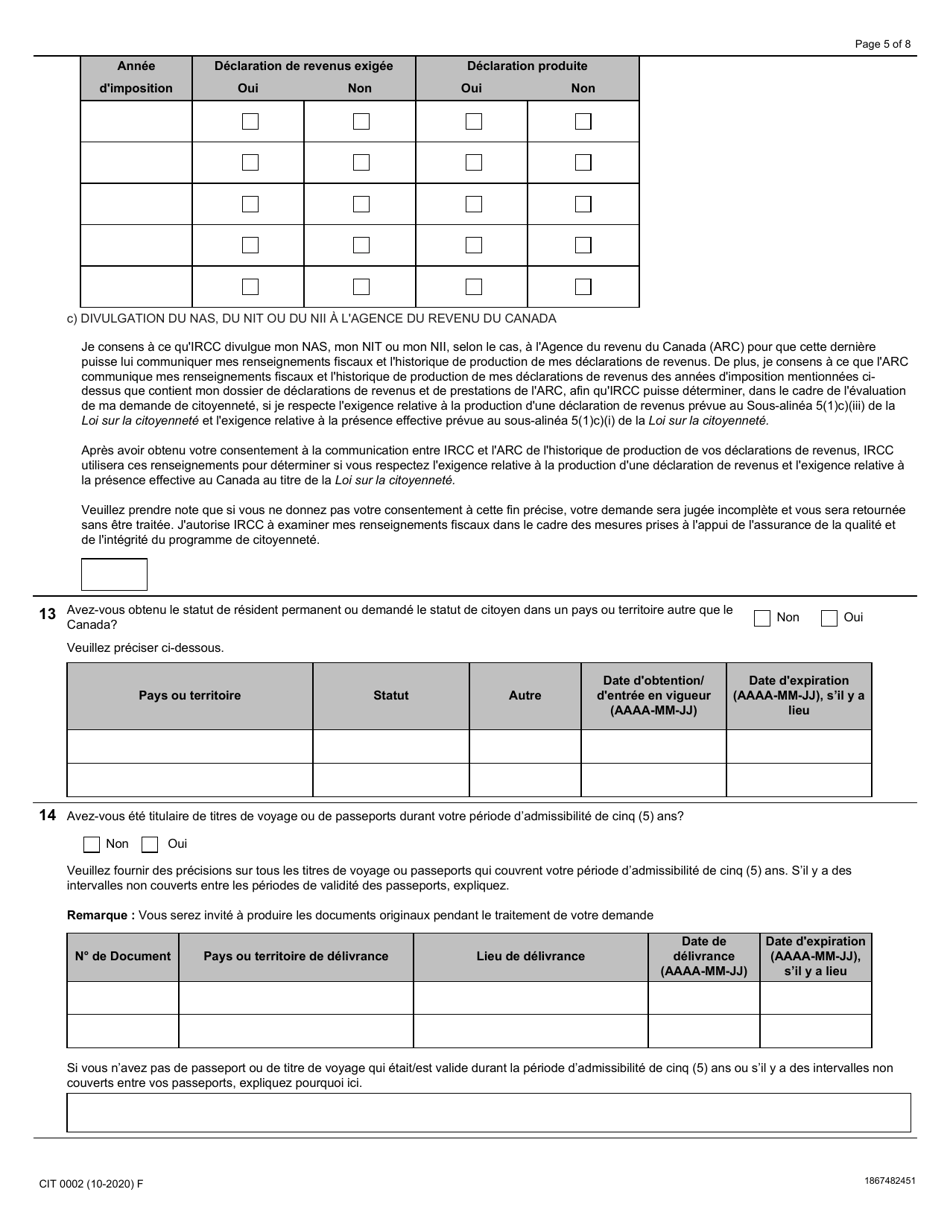 Forme CIT0002 Demande De Citoyennete Canadienne Pour Adultes (18 Ans Et Plus) Demande En Vertu Du Paragraphe 5(1) - Canada (French), Page 5