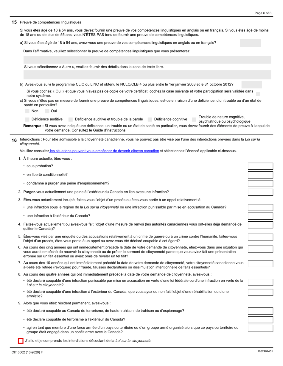 Forme CIT0002 Demande De Citoyennete Canadienne Pour Adultes (18 Ans Et Plus) Demande En Vertu Du Paragraphe 5(1) - Canada (French), Page 6