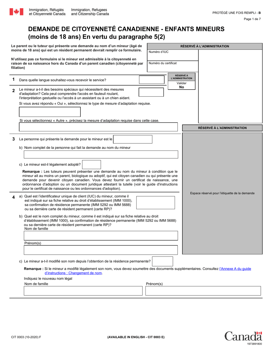 Forme Cit0003 Download Fillable Pdf Or Fill Online Demande De Citoyennete Canadienne Enfants Mineurs Canada French Templateroller