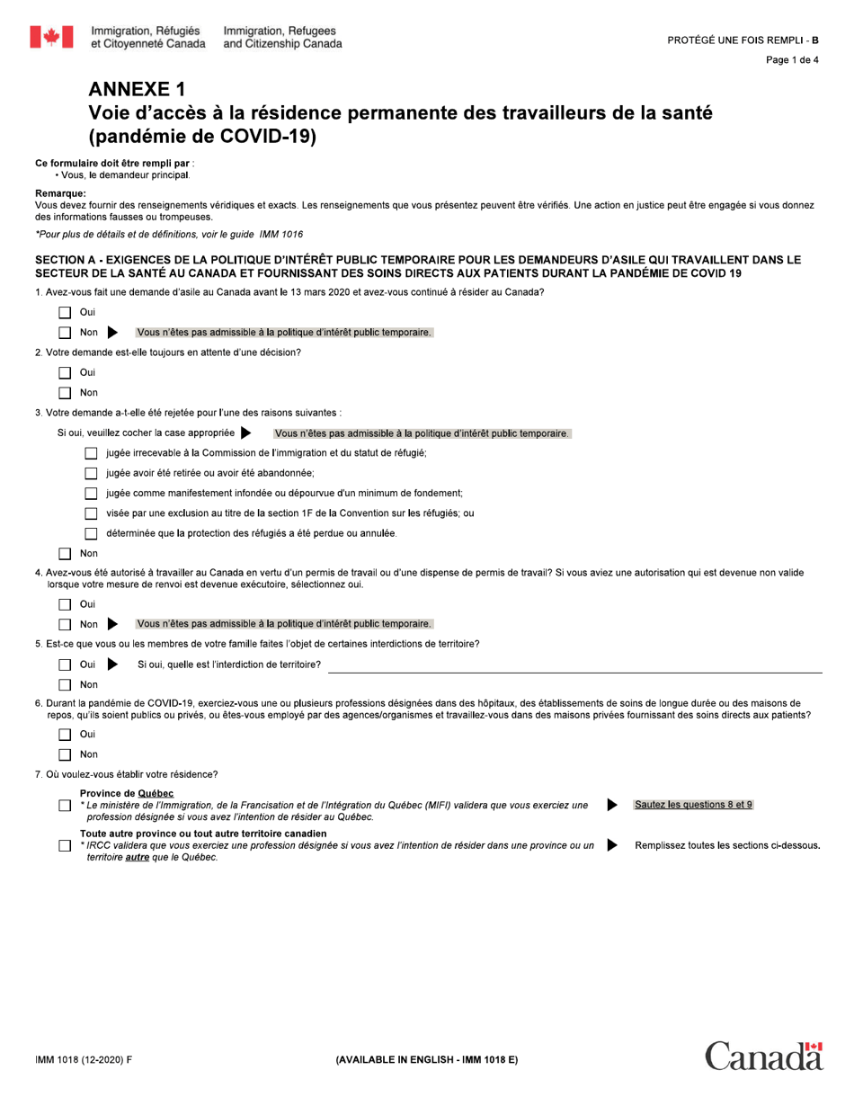 Forme IMM1018 Annexe 1 Voie Dacces a La Residence Permanente DES Travailleurs De La Sante (Pandemie De Covid-19) - Canada (French), Page 1