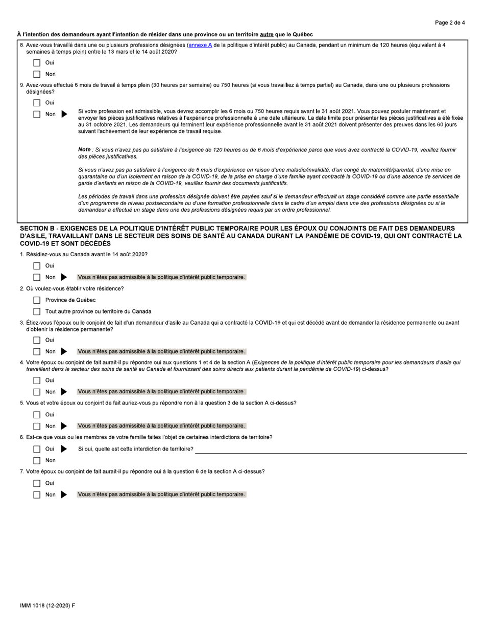 Forme IMM1018 Annexe 1 Voie Dacces a La Residence Permanente DES Travailleurs De La Sante (Pandemie De Covid-19) - Canada (French), Page 2