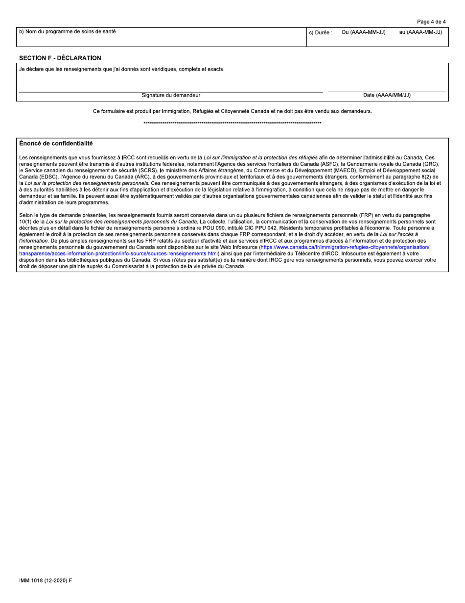 Forme IMM1018 Annexe 1 Voie Dacces a La Residence Permanente DES Travailleurs De La Sante (Pandemie De Covid-19) - Canada (French), Page 4