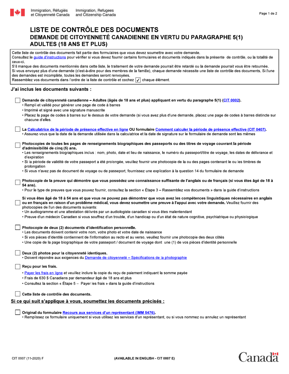 Forme CIT0007 Liste De Controle DES Documents: Demande De Citoyennete Canadienne En Vertu Du Paragraphe 5(1) - Adultes (18 Ans Et Plus) - Canada (French), Page 1