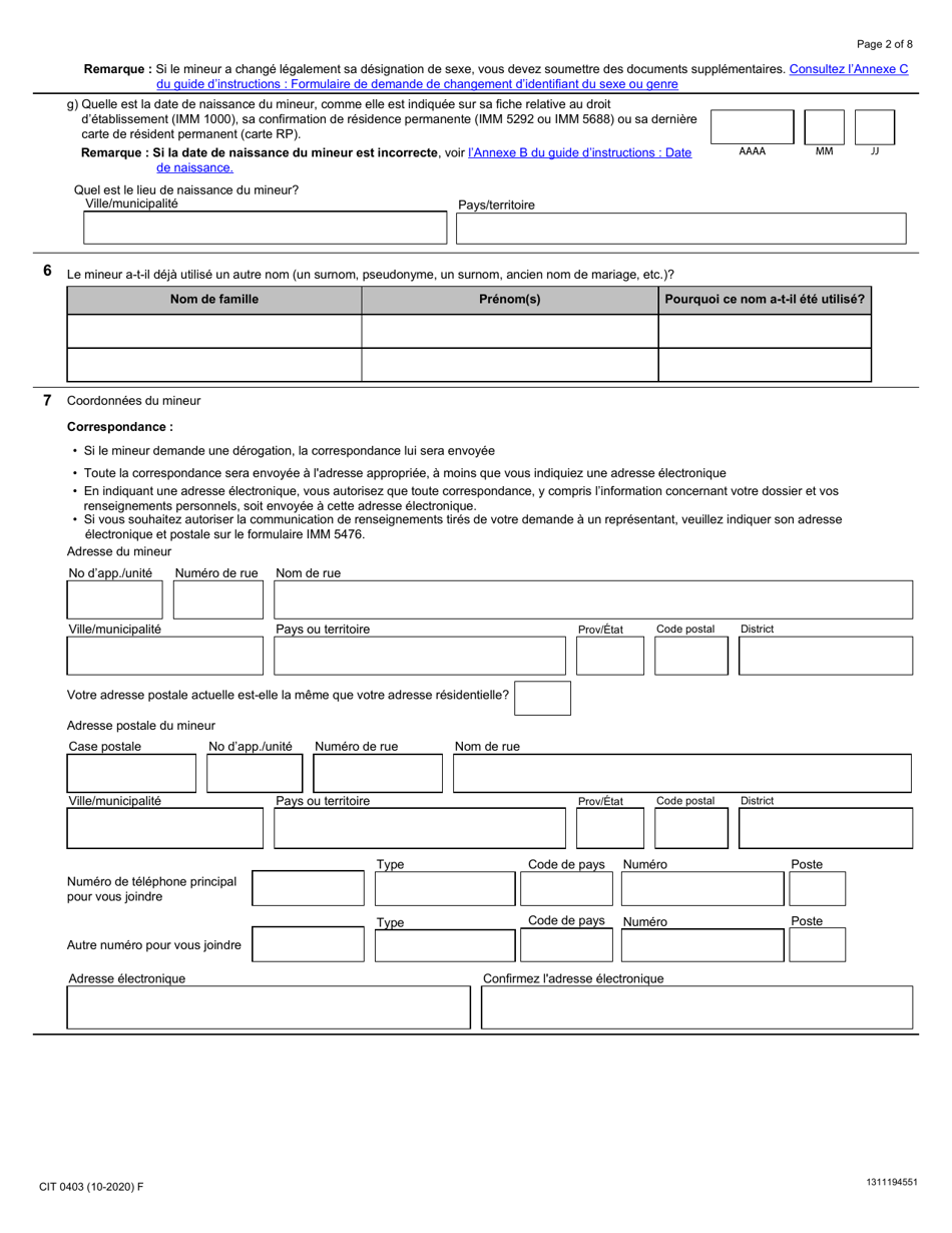 Forme CIT0403 Demande De Citoyennete Canadienne - Mineurs (Moins De 18 Ans) En Vertu Du Paragraphe 5(1) - Canada (French), Page 2
