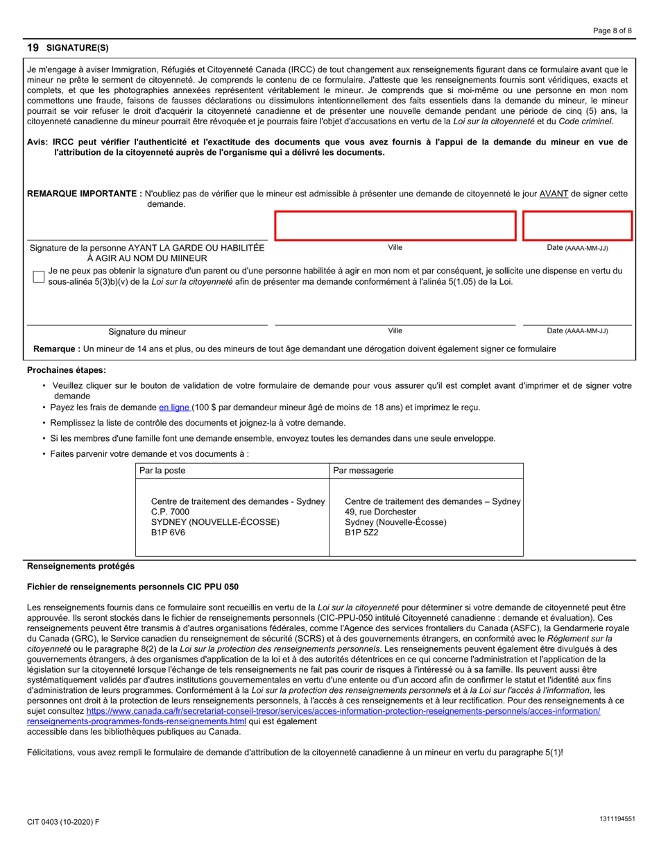 Forme CIT0403 Demande De Citoyennete Canadienne - Mineurs (Moins De 18 Ans) En Vertu Du Paragraphe 5(1) - Canada (French), Page 8