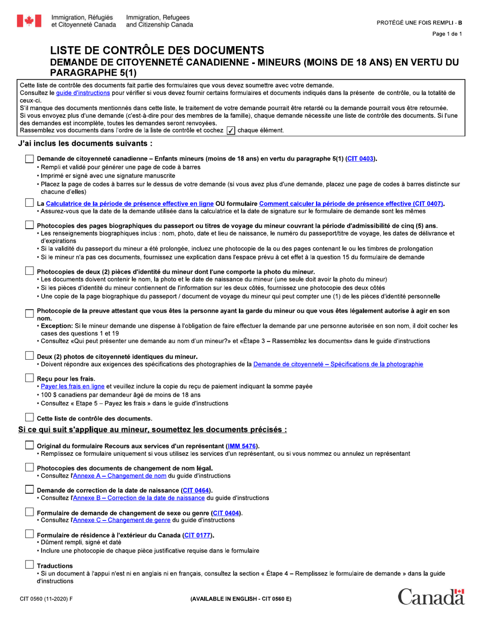 Forme CIT0560 Liste De Controle DES Documents: Demande De Citoyennete Canadienne - Mineurs (Moins De 18 Ans) En Vertu - Du Paragraphe 5(1) - Canada (French), Page 1