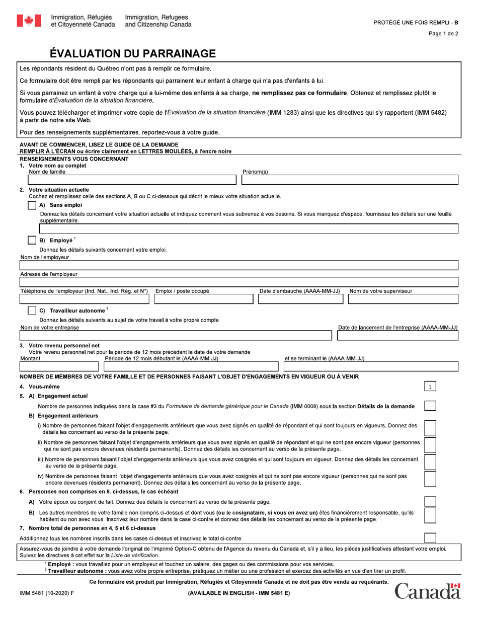 Forme IMM5481 Evaluation Du Parrainage - Enfants a Charge - Canada (French), Page 1