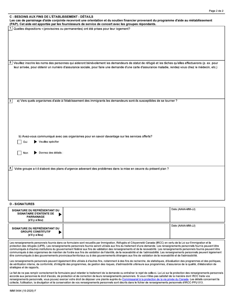 Forme IMM5494 Plan Daide a Letablissement: Parrainage Daide Conjointe - Canada (French), Page 2