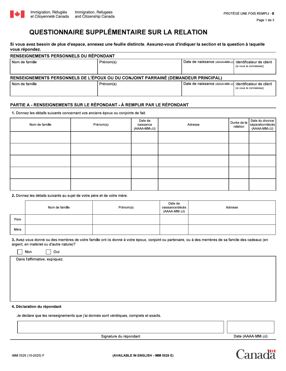 Forme IMM5526 Questionnaire Supplementaire Sur La Relation - Canada (French), Page 1