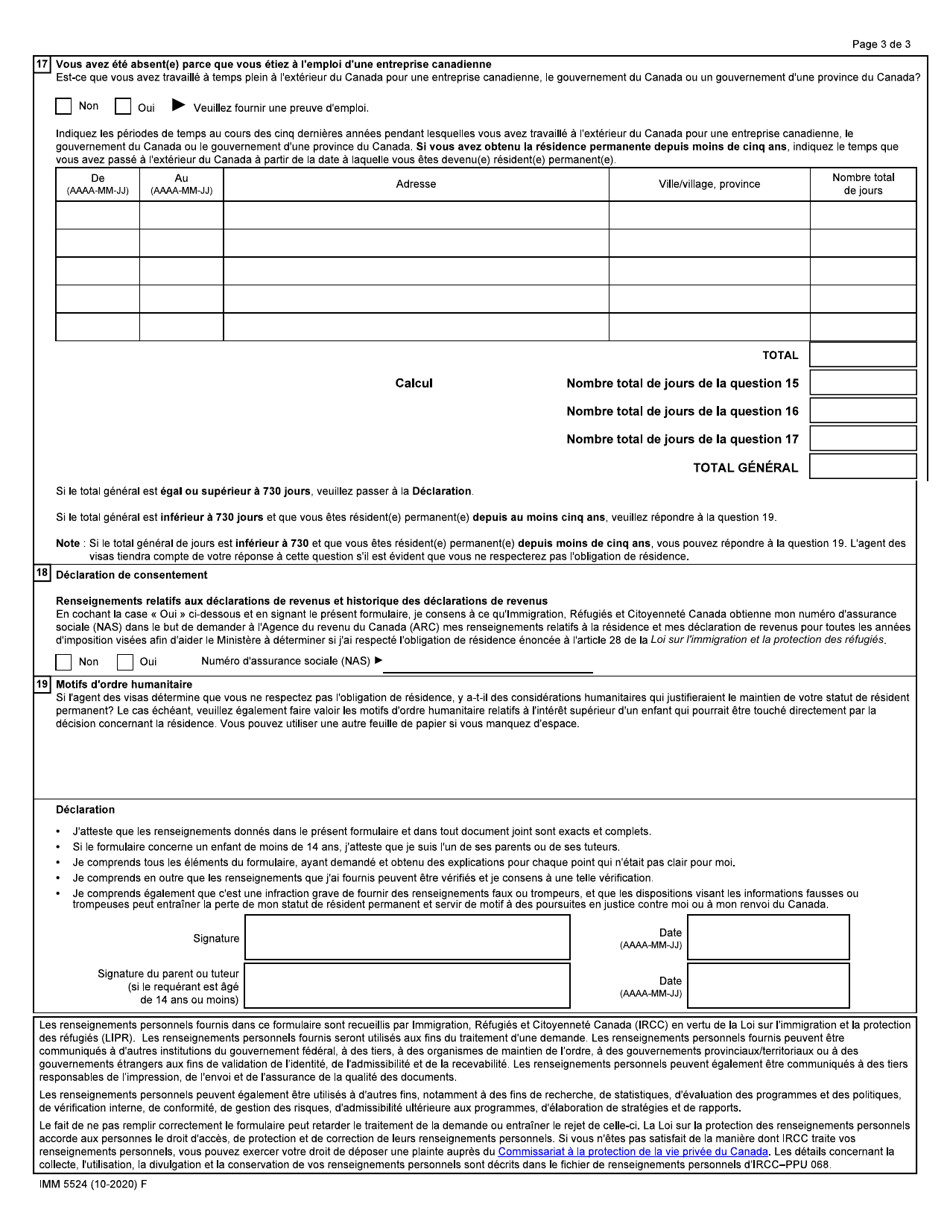 Forme IMM5524 Demande De Titre De Voyage Pour Resident Permanent - Canada (French), Page 3