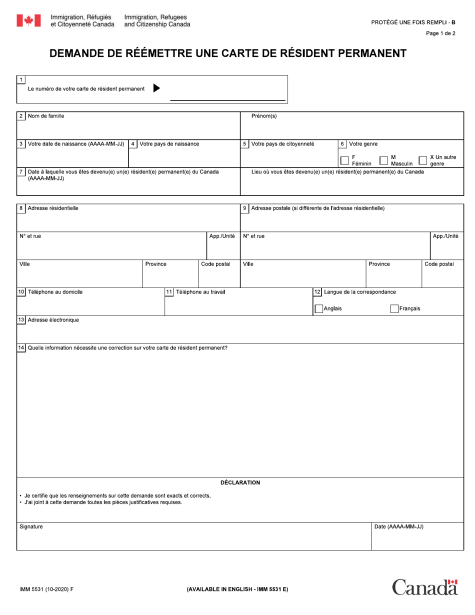 Forme Imm5531 Download Fillable Pdf Or Fill Online Demande De Reemettre Une Carte De Resident Permanent Canada French Templateroller