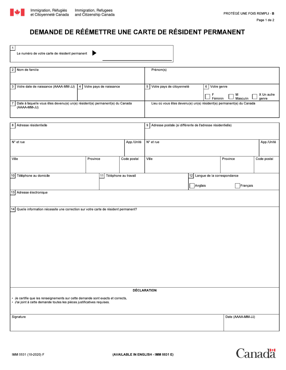 Forme IMM5531 Demande De Reemettre Une Carte De Resident Permanent - Canada (French), Page 1